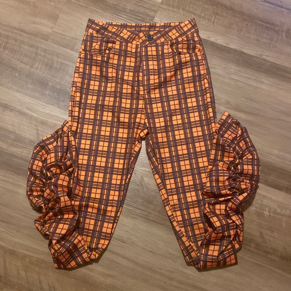 Stacked plaid pants